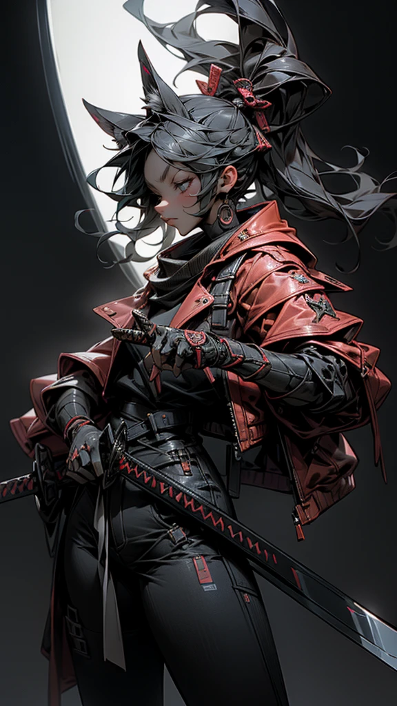 a woman holding a sword in a dark room, 2. 5 d cgi anime fantasy artwork, holding a black katana, stuning fantasy 3 d render, holding katana, unreal engine character art, unsheathing her katana, she is holding a katana sword, yasuke 5 0 0 px models, dramatic wielding katana pose, holding a katana, background color smoked, Red leather jacket.