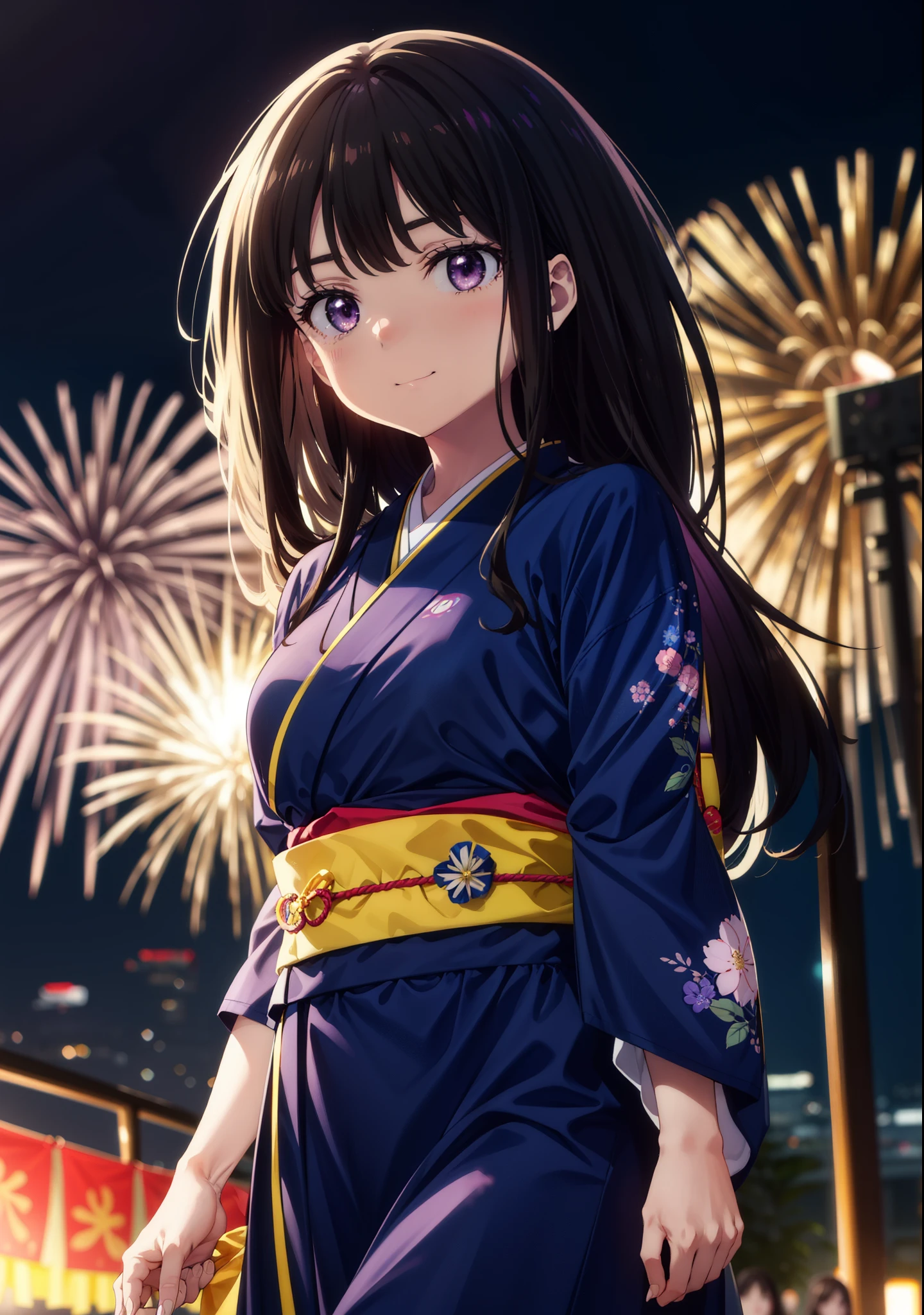 Takiuchi, Check it out,One Girl, Long Hair, bangs, Black Hair, (Purple eyes:1.2),Flower Hair Ornaments,hair tied back,smile,blush,Embarrassing,Blue Kimono,Blue long skirt,sandals,Japanese festivals，Summer festival food stalls、Red Lantern,Fireworks in the night sky,The place is a fireworks display,Time is night,whole bodyがイラストに入るように,Looking up from below、Walking,
BREAK outdoors, festival,shrine,
BREAK looking at viewer, whole body,Upper Body,  (Cowboy Shot:1. 5)
BREAK (masterpiece:1.2), highest quality, High resolution, unity 8k wallpaper, (shape:0.8), (Beautiful details:1.6), Highly detailed face, Perfect lighting, Extremely detailed CG, (Perfect hands, Perfect Anatomy),