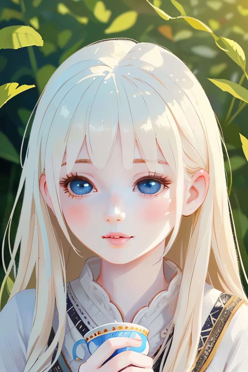 a young girl in a tea field, drinking tea , 8k, photorealistic, beautiful detailed eyes, beautiful detailed lips, extremely detailed face and skin, intricate details, vibrant colors, natural lighting, pastoral, serene, tranquil, cozy, cute, adorable, kawaii