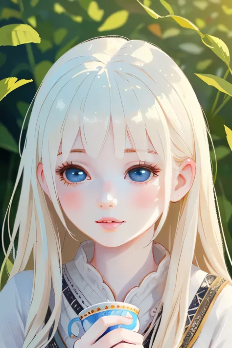 a young girl in a tea field, drinking tea , 8k, photorealistic, beautiful detailed eyes, beautiful detailed lips, extremely deta...