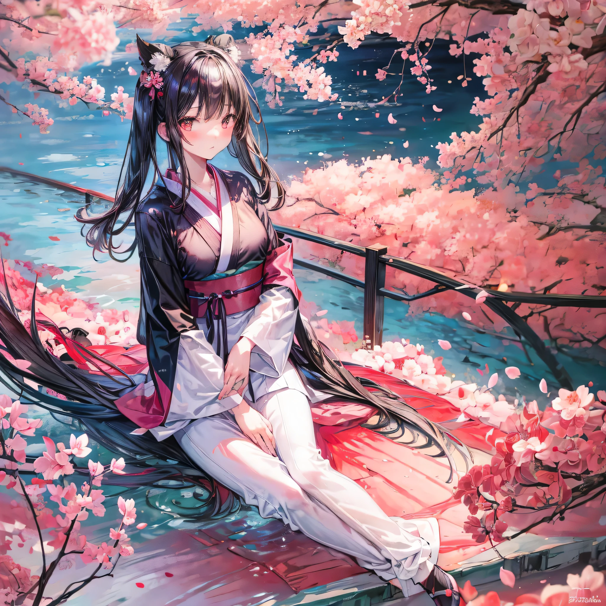 1girl, a captivating figure with black hair cascading like floating strands of silk, basking in the seaside scenery, framed by a breathtaking landscape of cherry blossoms with petals gently falling. A solitary sunbeam pierces the scene, casting god rays that envelop the girl's upper body, illuminated against the backdrop of her traditional RENGE, a dress-style kimono. The cherry blossoms, bathed in the golden light, create an ethereal atmosphere as the petals drift gently to the ground. The entire composition, with its intricate details and vibrant colors, is a masterpiece of a