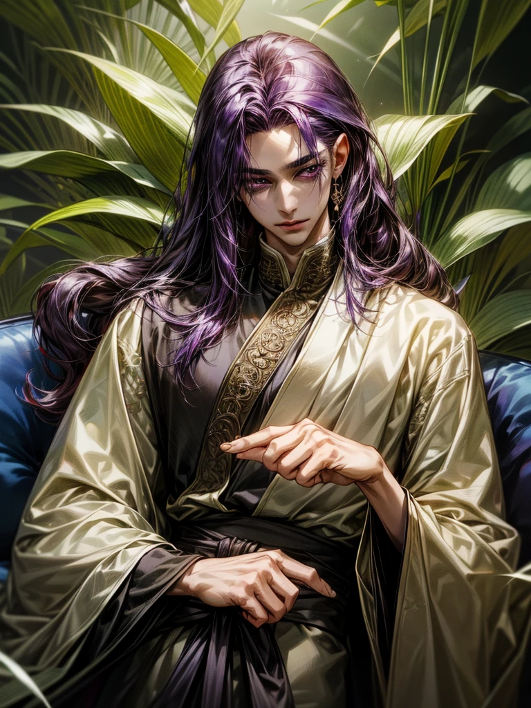 One Handsome male, long dark purple hair, small waist.
Fine eyes and detailed fine face.
Silk and jewerly ( diamonds, safires, rubies and gold) on his intricate and lusciously detailed hanfu clothing. Jewerly belt around waist.
Posing seductively on a couch.
Flowers and plants around him.
Cinematic lighting effects
Masterpiece Artwork
AbsurdRes 
High Definition level of art style
HDR