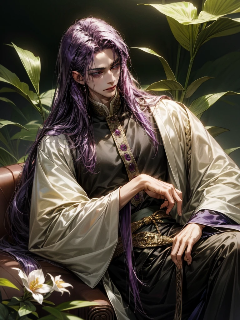 One Handsome male, long dark purple hair, small waist.
Fine eyes and detailed fine face.
Silk and jewerly ( diamonds, safires, rubies and gold) on his intricate and lusciously detailed hanfu clothing. Jewerly belt around waist.
Posing seductively on a couch.
Flowers and plants around him.
Cinematic lighting effects
Masterpiece Artwork
AbsurdRes 
High Definition level of art style
HDR