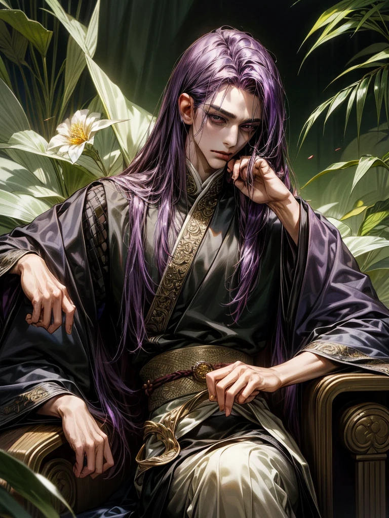 One Handsome male, long dark purple hair, small waist.
Fine eyes and detailed fine face.
Silk and jewerly ( diamonds, safires, rubies and gold) on his intricate and lusciously detailed hanfu clothing. Jewerly belt around waist.
Posing seductively on a couch.
Flowers and plants around him.
Cinematic lighting effects
Masterpiece Artwork
AbsurdRes 
High Definition level of art style
HDR