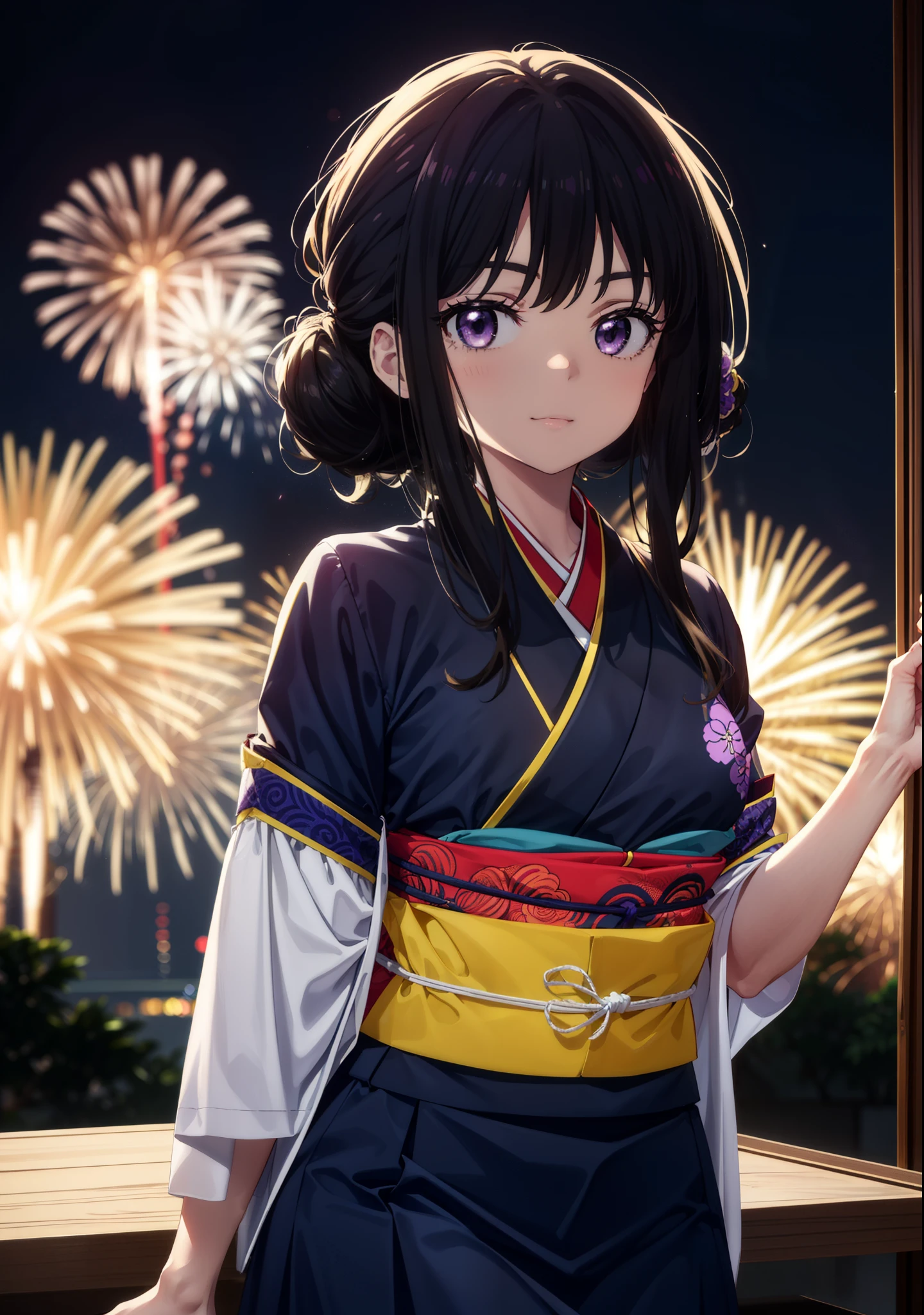 Takiuchi, Check it out,One Girl, Long Hair, bangs, Black Hair, (Purple eyes:1.2),Flower Hair Ornaments,hair tied back,smile,blush,Embarrassing,Blue Kimono,Blue long skirt,sandals,Japanese festivals，Summer festival food stalls、Red Lantern,Fireworks in the night sky,The place is a fireworks display,Time is night,whole bodyがイラストに入るように,Looking up from below、Walking,
BREAK outdoors, festival,shrine,
BREAK looking at viewer, whole body,Upper Body,  (Cowboy Shot:1. 5)
BREAK (masterpiece:1.2), highest quality, High resolution, unity 8k wallpaper, (shape:0.8), (Beautiful details:1.6), Highly detailed face, Perfect lighting, Extremely detailed CG, (Perfect hands, Perfect Anatomy),