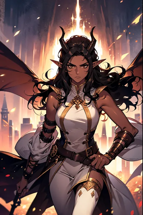 adult, brown skin, sexy, older woman, serious, tall, brown skin, demon wing, black hair, elf ears, horns, queen, fantasy, swords...