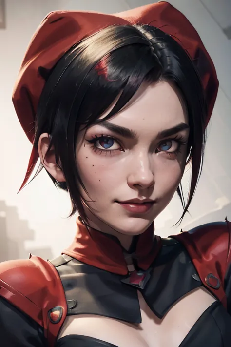 ruby rose, rwby, solo, close-up, portrait, looking at viewer, come hither, seductive smile, naughty face, lips, multicolored hai...