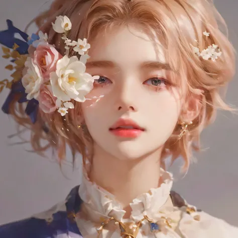 a close up of a beautiful guy with a flower in his hair, guweiz, artwork in the style of guweiz, beautiful digital illustration,...