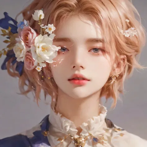 a close up of a beautiful guy with a flower in his hair, guweiz, artwork in the style of guweiz, beautiful digital illustration,...