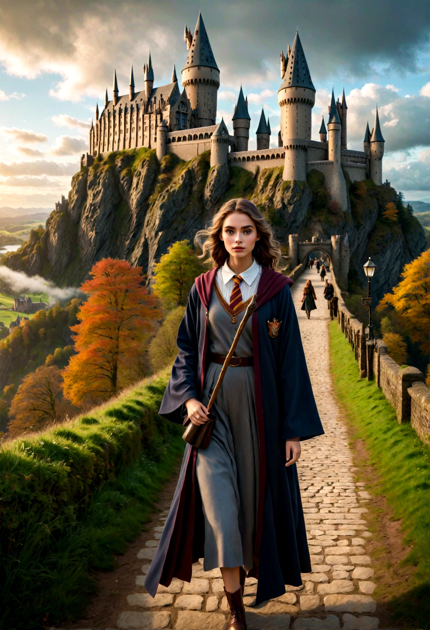 1 girl walking towards Hogwarts School of Witchcraft and Wizardry, beautiful detailed eyes, beautiful detailed lips, extremely detailed face, long eyelashes, , wand in hand, casting spells, fantasy landscape, cloudy sky, Hogwarts castle in the distance, (best quality,4k,8k,highres,masterpiece:1.2),ultra-detailed,(realistic,photorealistic,photo-realistic:1.37),fantasy art,cinematic lighting,vibrant colors