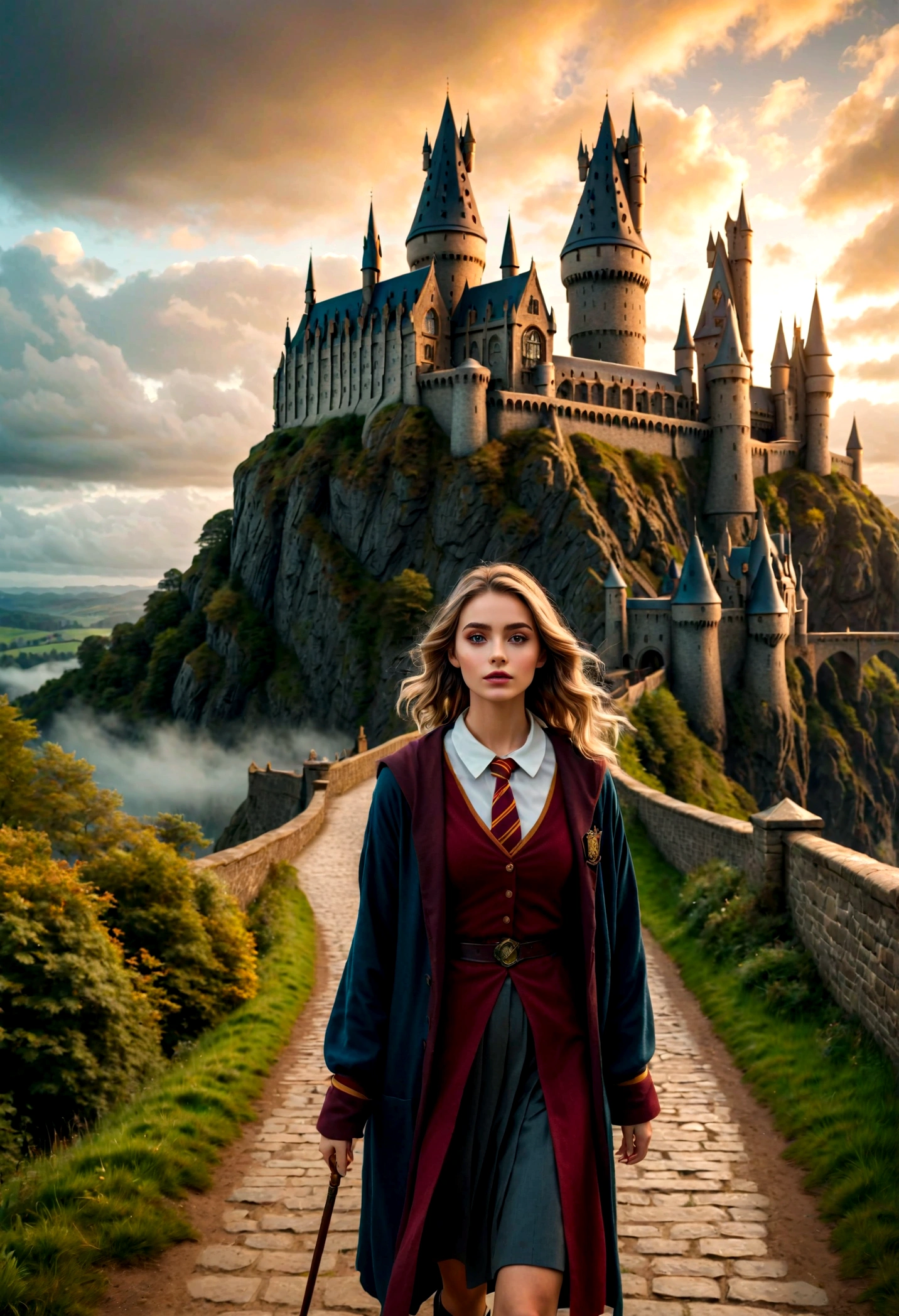 1 niña caminando hacia el Colegio Hogwarts de Magia y Hechicería, hermosos ojos detallados, hermosos labios detallados, cara extremadamente detallada, Pestañas largas, , Pared en mano, haciendo conjuros, paisaje de fantasía, cielo nublado, Castillo de Hogwarts a lo lejos, (mejor calidad,4k,8K,alta resolución,obra maestra:1.2),ultra detallado,(Realista,photoRealista,photo-Realista:1.37),Arte De Fantasía,iluminación cinematográfica,Colores vibrantes