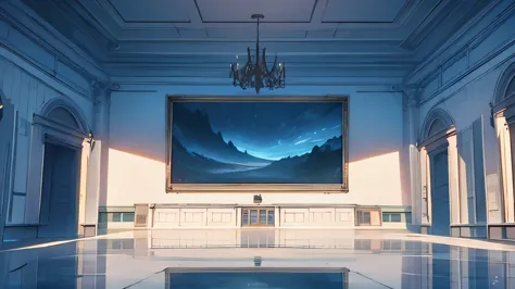 a mysterious museum,a large painting hung on the wall in the center of the screen,the large picture takes up half the screen.,re...