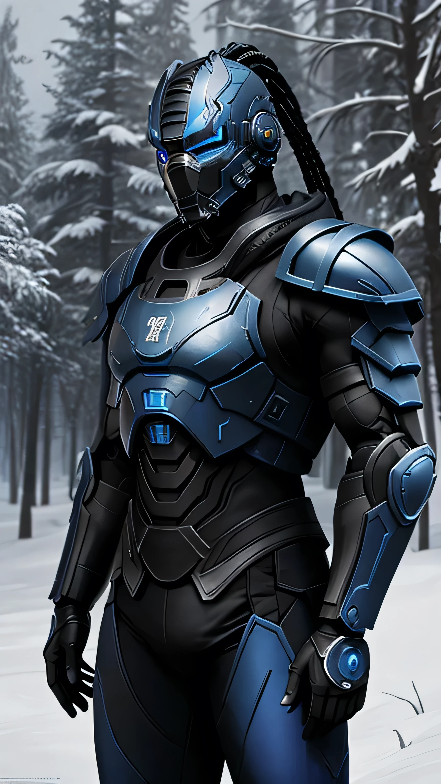 Sub-Zero from Mortal Kombat, zxcrx, cyborg ninja, sleek (blue and black armor:1.5), various robotic components, his face is covered by a helmet with a glowing ligh blue visor, ice blades, cold, 1man, solo, full body view, front view, looking at viewer, intricate, high detail, sharp focus, dramatic, photorealistic painting art by greg rutkowski