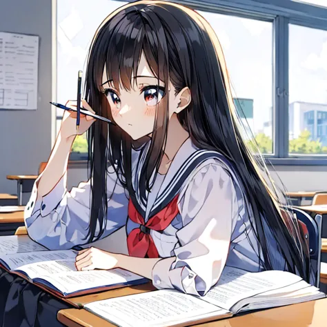 (masterpiece, best quality:1.2), 1 anime girl with long black hair ,school,(exam:1.3),classroom,study,perfect face, huge class, ...