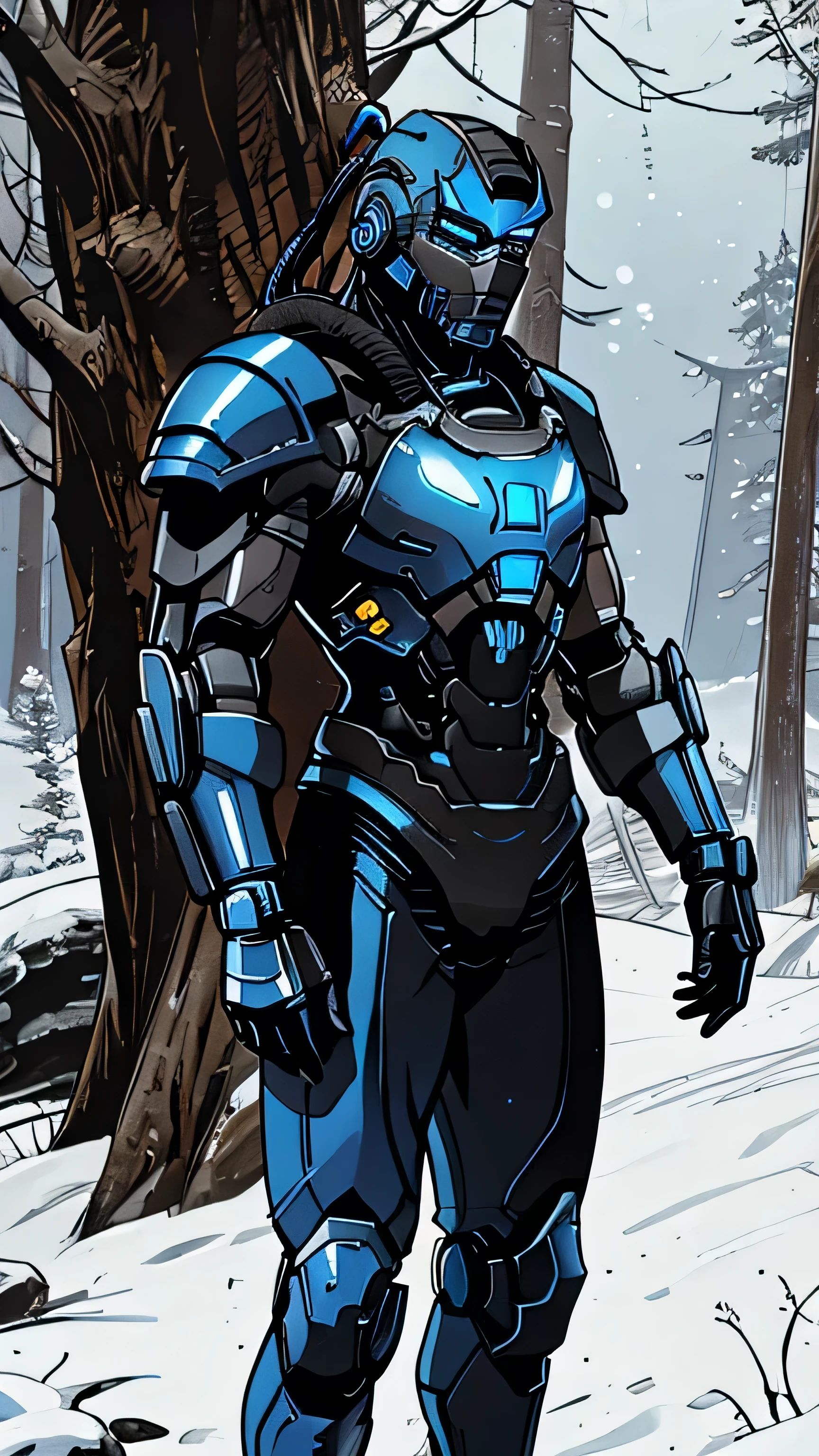Sub-Zero from Mortal Kombat, zxcrx, cyborg ninja, sleek (blue and black armor:1.5), various robotic components, his face is covered by a helmet with a glowing ligh blue visor, ice blades, cold, 1man, solo, full body view, front view, looking at viewer, intricate, high detail, sharp focus, dramatic, photorealistic painting art by greg rutkowski