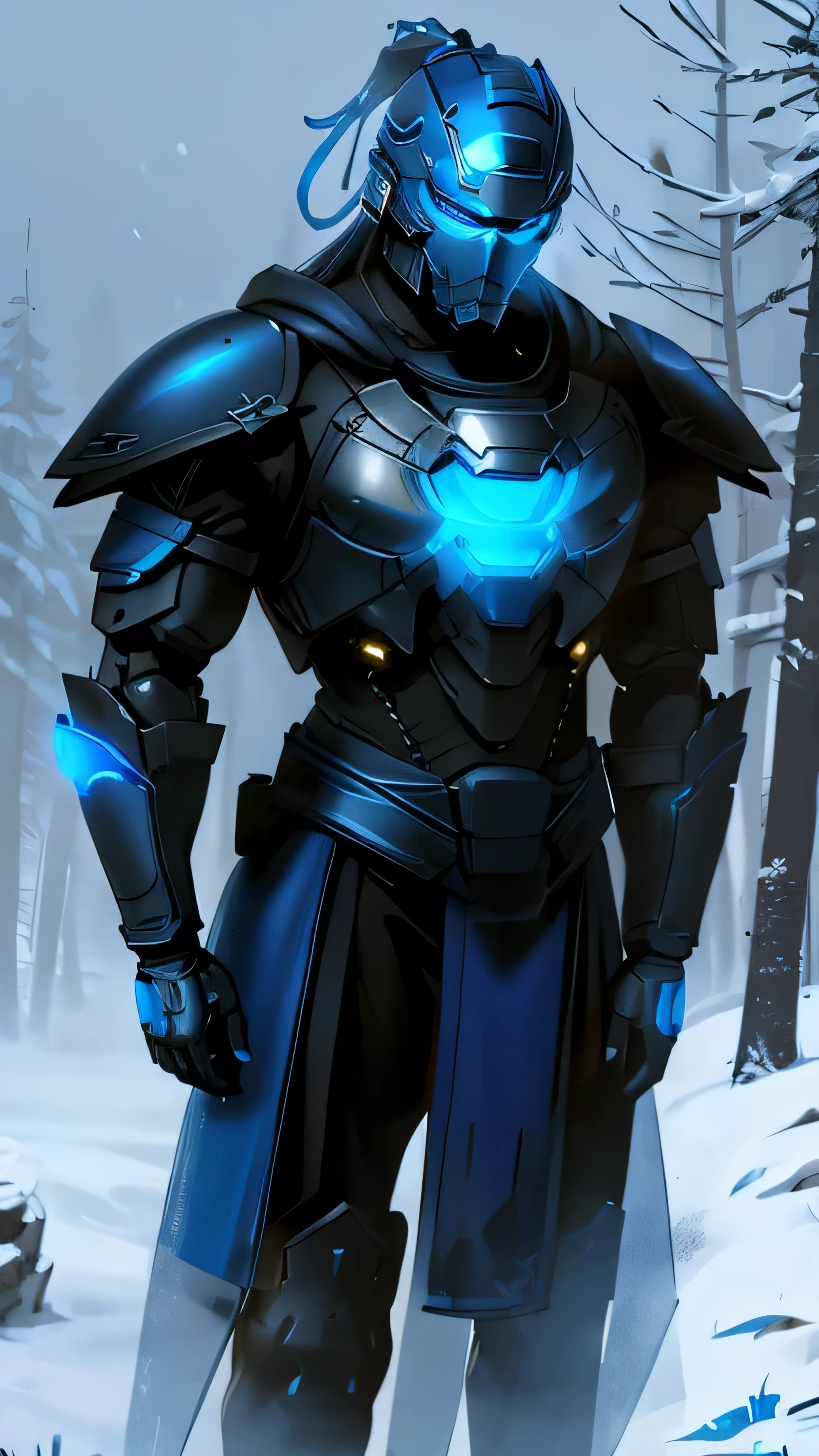 Sub-Zero from Mortal Kombat, zxcrx, cyborg ninja, sleek (blue and black armor:1.5), various robotic components, his face is covered by a helmet with a glowing ligh blue visor, ice blades, cold, 1man, solo, full body view, front view, looking at viewer, intricate, high detail, sharp focus, dramatic, photorealistic painting art by greg rutkowski