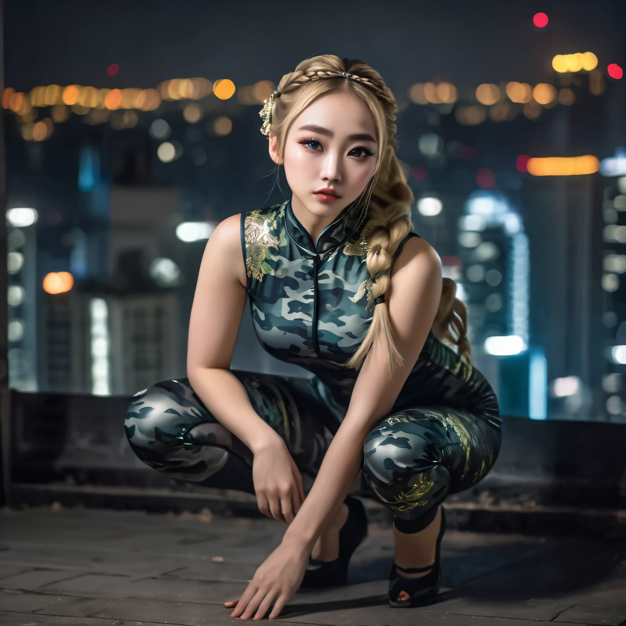 Full body portrait, young beautiful woman wearing a (night camo pattern:1.4) cheongsam-style latex bodysuit (sleeveless:1.4), highly detailed eyes and face, beautiful detailed eyes, beautiful detailed lips, beautiful woman, long blonde hair, braided ponytail, wearing three peacock feathers as hair ornament, night, rooftop of a big city building, realistic, photorealistic, natural light, glowing skin, hands on knees, (squatting with legs wide apart:1.3), cold lighting, dark and gloomy atmosphere, cinematic lighting, dramatic, high quality, photorealistic, 8k, masterpiece