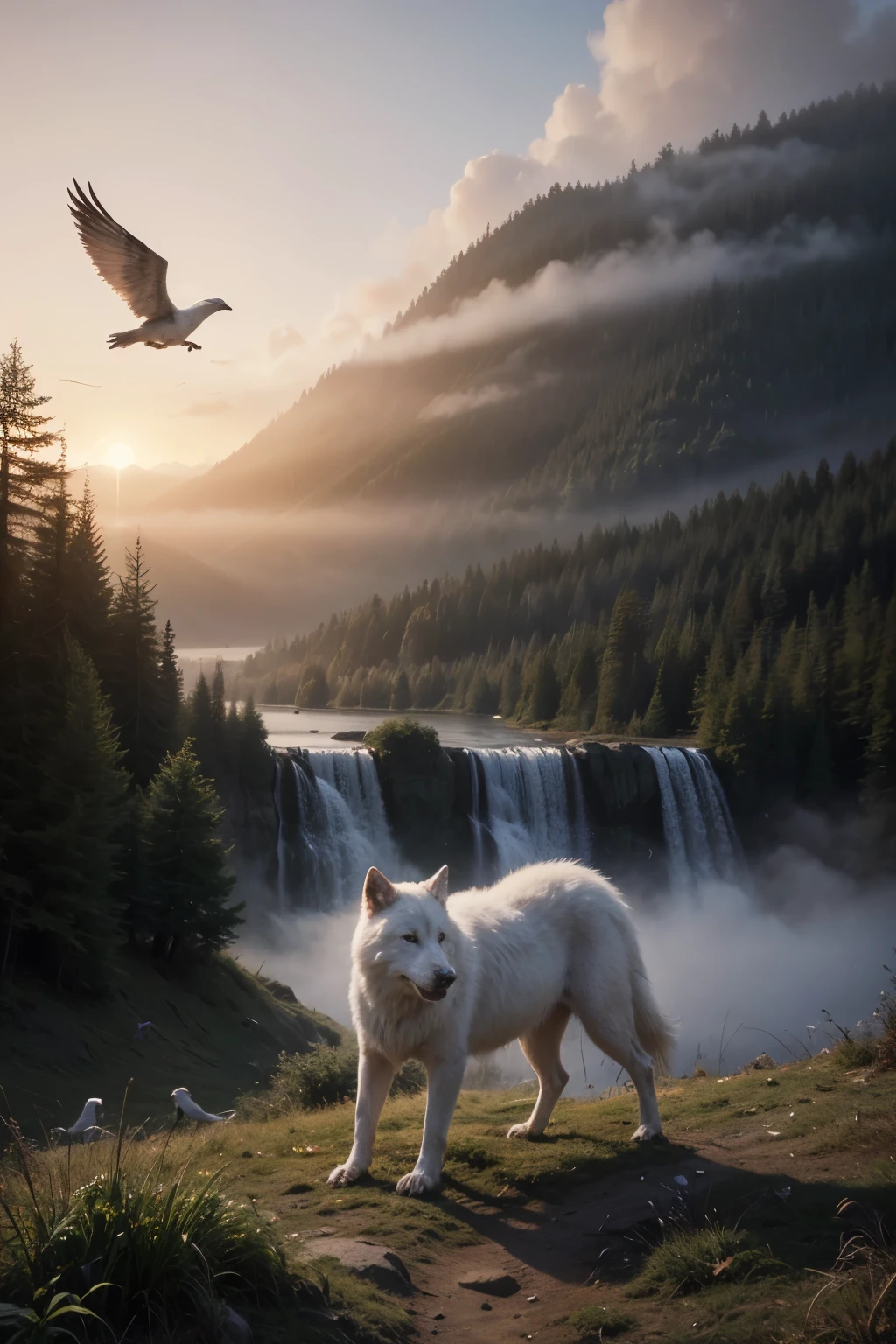 a white wild wolf, forest, waterfall, birds flying, sunset, wildlife art, digital painting, 8k, hyperrealistic, vivid colors, dramatic lighting, cinematic composition, intricate details, volumetric fog, photorealistic