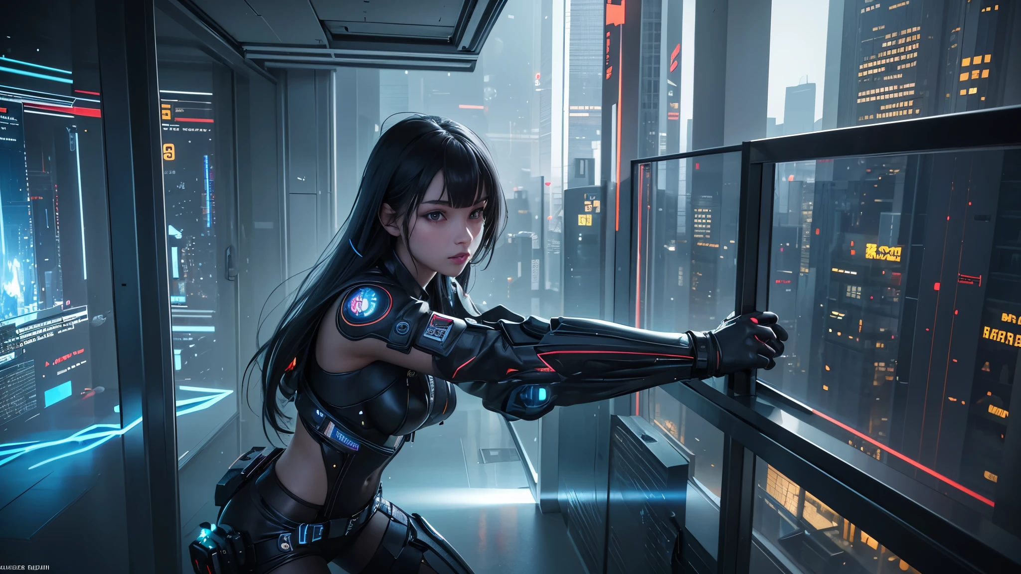 ((highest quality)), ((masterpiece)), (detailed:1.4), 3D, Beautiful cyberpunk woman image,High resolution (High Dynamic Range),Ray Tracing,NVIDIA,Super Resolution,Unreal 5,Scattered beneath the surface,PBR Texturing,Post-processing,Anisotropic Filtering,Depth of written boundary,Maximum clarity and sharpness,Multilayer Texture,Albedo and Specular Maps,Surface Shading,Accurate simulation of light-matter interactions,Perfect balance,Octane Rendering,Two-tone lighting,wide aperture,Low ISO,White balance,Three-part method,8K RAW, Breaking into a tech skyscraper. Holographic alarm and AI defense activated, Transformed the building into a neon-lit maze of challenges.