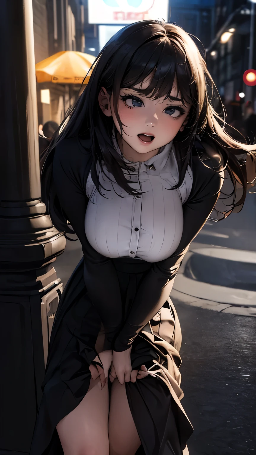 drooping eyes, ecstasy, (((round face))), (((hit her crotch against a standing pipe bollard, eccentric pose))), (((hide crotch with a long skirt))), open legs, orgasm, outside,
