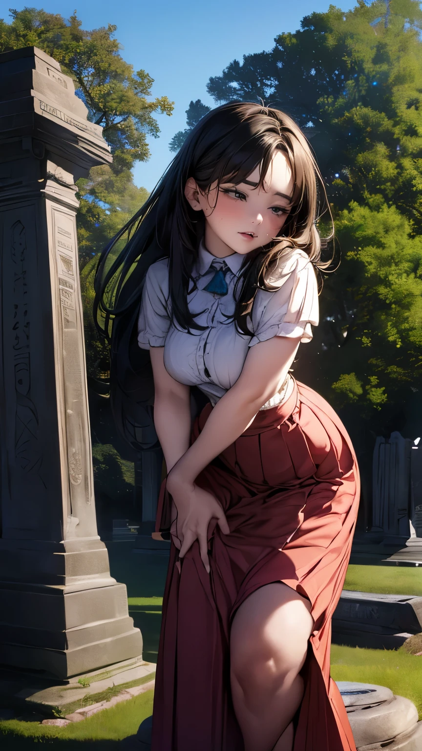 drooping eyes, ecstasy, (((round face))), (((straddling to hit her crotch against a standing stone monument, eccentric pose))), (((hide crotch with a long skirt))), (bending legs to open legs), orgasm, outside,