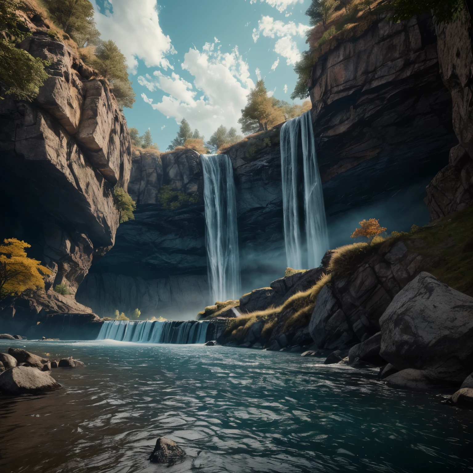 masterpiece, best quality, high quality, Very detailed CG unity 8k wallpaper, landscape, outdoor, sky空, cloud, sky, No humans, Mountain, landscape, water, Tree, blue sky空, waterfall, cliff, nature, lake, river, cloudy sky空,Award-winning photography, Bokeh, Depth of Field, HDR, bloom, Chromatic Aberration ,Reality,Very detailed, Popular on artstation, Popular on CGsociety, Wheels within wheels, High Detail, Dramatic, midjourney&#39;s Artwork