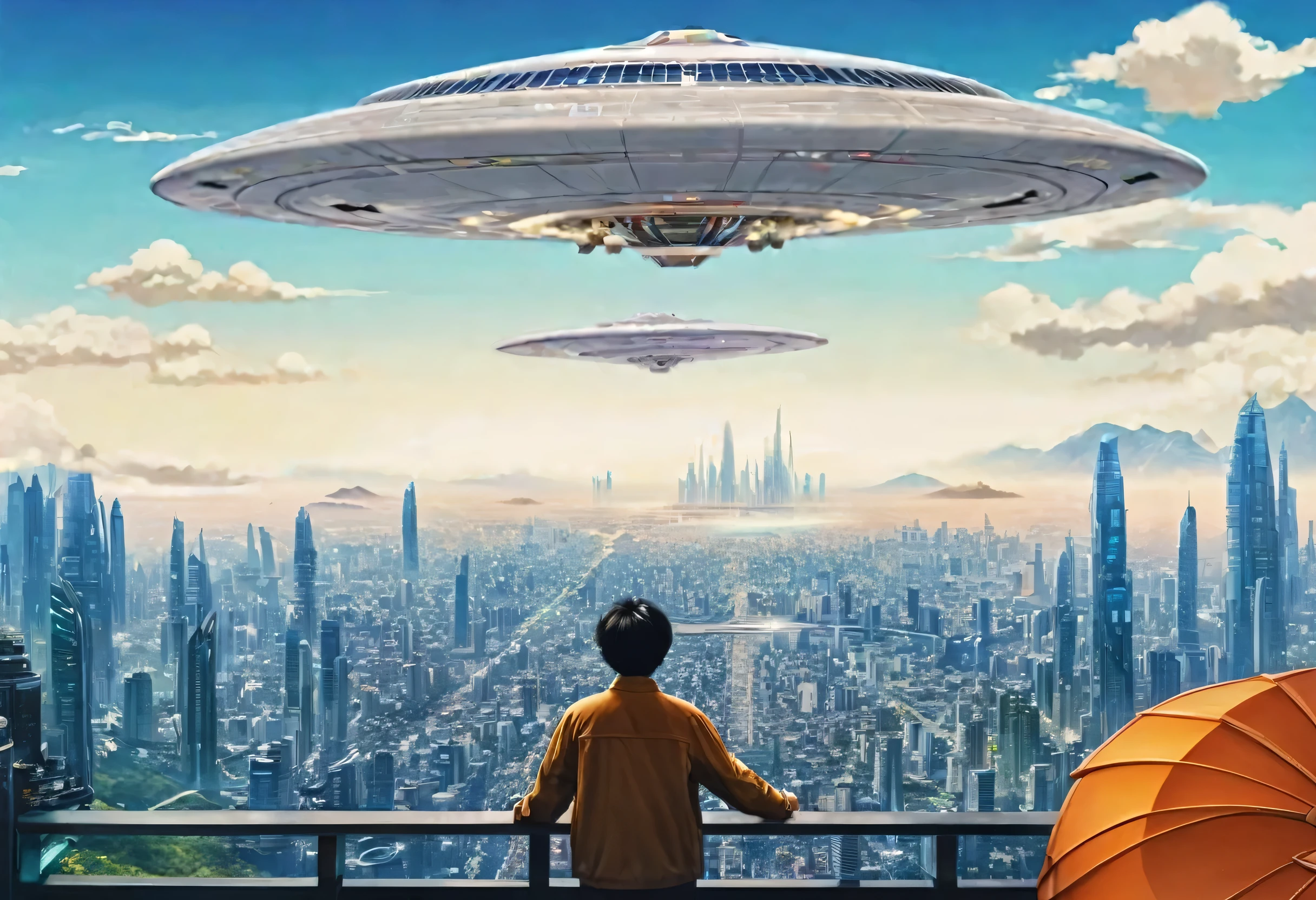 Art Photography，A man stands in front of a spaceship flying over a city, komatsuzaki Retro Futurism, Japanese Science Fiction Book Art, Alien paradise, Afrofuturistic anime, Retro Futurism, Retro Futurism, Sci-fi Utopia, Depicted as a science fiction scene, In Interstellar Japan, Inhabited by aliens and humans, Future Utopia Cyberpunk，Beautiful painting，Nature&#39;s Gift，Green trees on the ground，Lush flowers and plants，Various birds are nesting，High-rise buildings，Row after row，Simple and elegant，The street is clean and tidy，Vehicles run in an orderly manner，National Geographic，masterpiece，oscar winning，8k，Art Photography，Many people live in the future city，Number city，3D style future city scene，architecture，Intelligent transportation systems，Smart architecture，A lot of spaceships，Light，Prime Time，Blues moments，National Geographic，Futurism，（Joshua Middleton Comic Cover Art：1.1），（Concretism：1.2），Theatrical dance scenes（Ultra-minimalist：1.5）colorful，The most detailed，（masterpiece，Top quality，Best quality，Official Art，Beauty and aesthetics：1.2），Photorealism，high quality，Real photoA man stands in front of a spaceship flying over a city, komatsuzaki Retro Futurism, Japanese Science Fiction Book Art, Alien paradise, Afrofuturistic anime, Retro Futurism, Retro Futurism, Sci-fi Utopia, Depicted as a science fiction scene, In Interstellar Japan, Inhabited by aliens and humans, Future Utopia