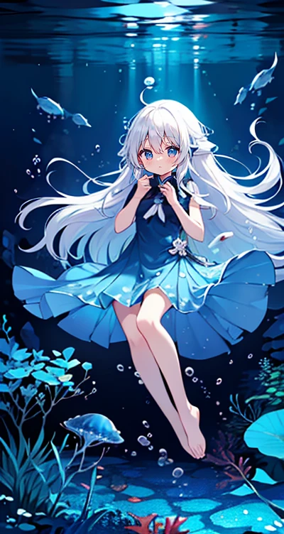 (Peace Fly), (highest quality), Very detailed, 1 girl, Personal full-body photo, Perfect Face, beautiful girl, Very detailed顔，(Long white hair:1.5)，(blue eyes:1.4)，(Flowing Hair:1.4)，(Underwater:1.4)，sink，school fishy，Light，jellyfish，Seaweed，Redfish，fishy，deep sea，Fantasy