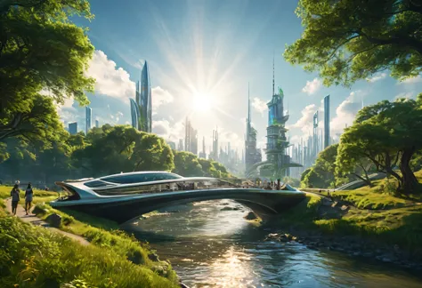 surreal photography, futuristic, sci-fi, virtualization, digital city, river, bridge, boats, technology, mechanization, futurism...