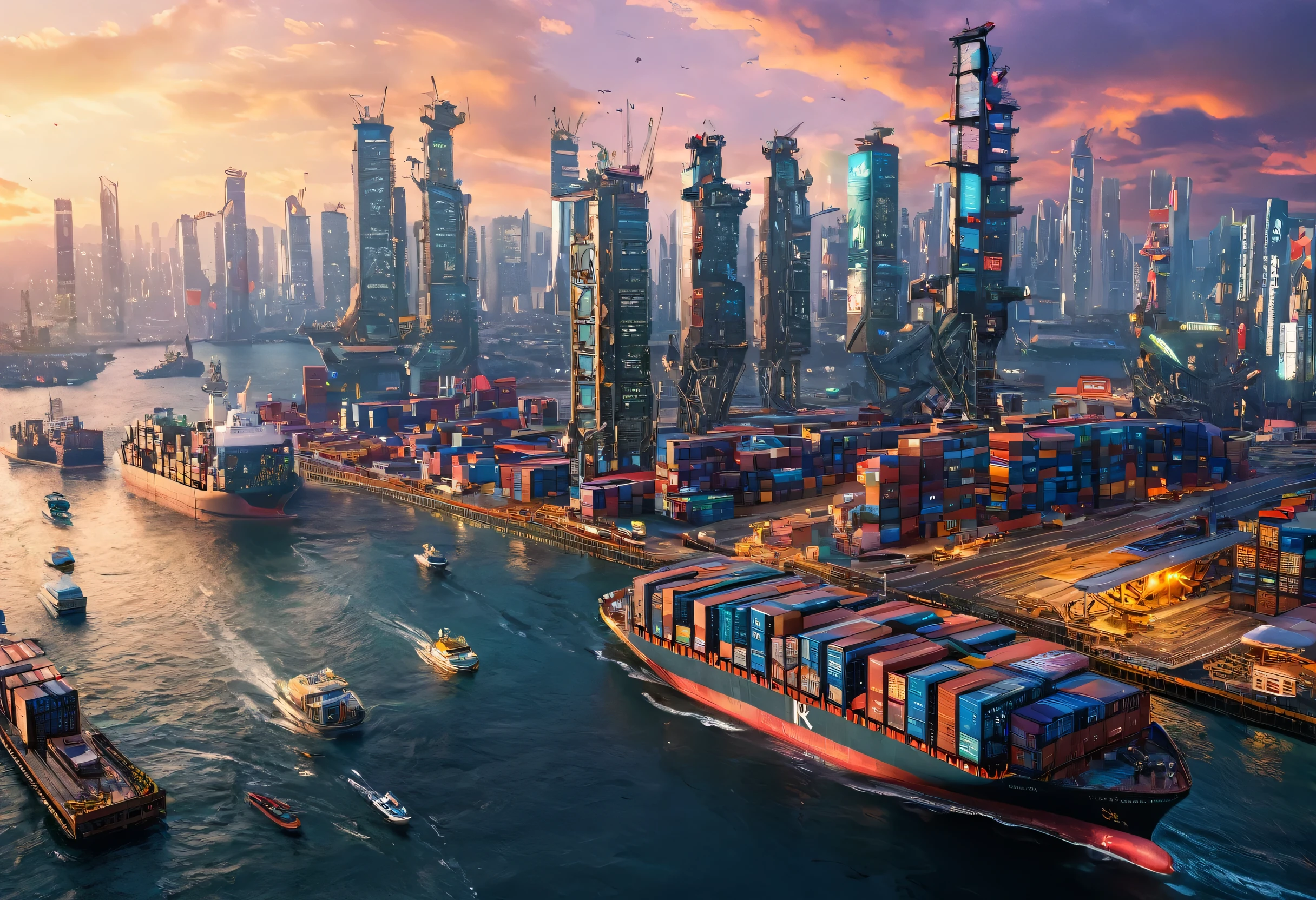 Surrealism摄影，海岸上container port，container port，container port，containervessel，containervessel，container，container，Futuristic，Science Fiction，Virtualization，Number city，Cyberpunk，Future Port，Future Port，river，vessel，Technology，3D digital city ultra-high saturation、8K、Surrealism、Port on the coast，The sunsets are beautiful、sunset，A ship flying in the air，Surreal，Virtual City