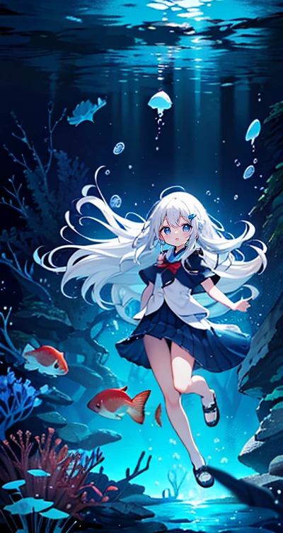 (Peace Fly), (highest quality), Very detailed, 1 girl, Personal full-body photo, Perfect Face, beautiful girl, Very detailed顔，(Long white hair:1.5)，(blue eyes:1.4)，(Flowing Hair:1.4)，(Underwater:1.4)，sink，school fishy，Light，jellyfish，Seaweed，Redfish，fishy，deep sea，Fantasy