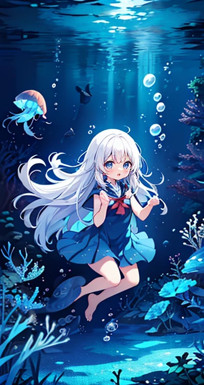 (Peace Fly), (highest quality), Very detailed, 1 girl, Personal full-body photo, Perfect Face, beautiful girl, Very detailed顔，(Long white hair:1.5)，(blue eyes:1.4)，(Flowing Hair:1.4)，(Underwater:1.4)，sink，school fishy，Light，jellyfish，Seaweed，Redfish，fishy，deep sea，Fantasy
