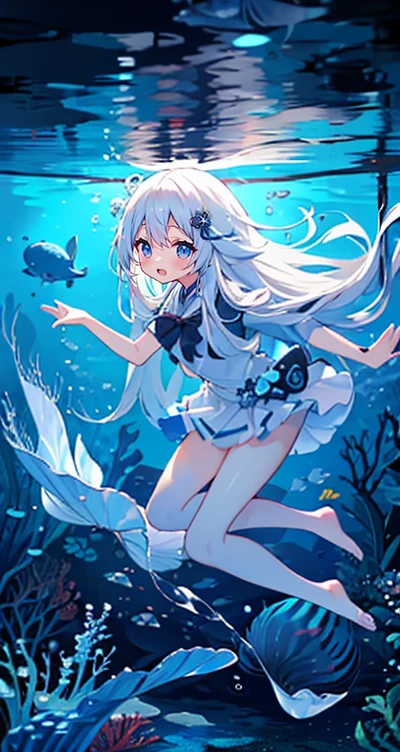 (Peace Fly), (highest quality), Very detailed, 1 girl, Personal full-body photo, Perfect Face, beautiful girl, Very detailed顔，(Long white hair:1.5)，(blue eyes:1.4)，(Flowing Hair:1.4)，(Underwater:1.4)，sink，school fishy，Light，jellyfish，Seaweed，Redfish，fishy，deep sea，Fantasy