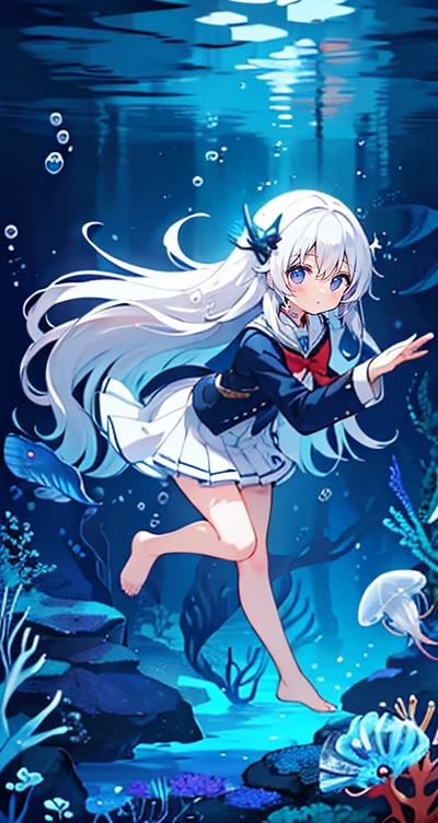 (Peace Fly), (highest quality), Very detailed, 1 girl, Personal full-body photo, Perfect Face, beautiful girl, Very detailed顔，(Long white hair:1.5)，(blue eyes:1.4)，(Flowing Hair:1.4)，(Underwater:1.4)，sink，school fishy，Light，jellyfish，Seaweed，Redfish，fishy，deep sea，Fantasy