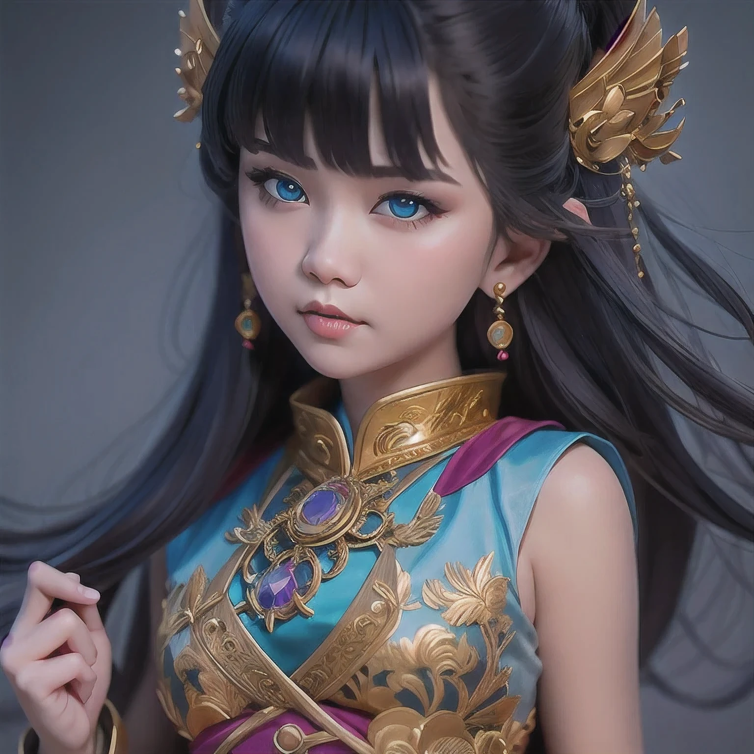 there is a 18 years old in a purple dress holding a dragon, wlop and ross tran, ross tran 8 k, fantasy art style, chengwei pan on artstation, a beautiful fantasy empress, ross tran and wlop, ruan jia and artgerm, the dragon girl portrait, ig model | artgerm, artgerm and ruan jia，beautiful 1girl bangs blue eyes closed mouth ear piercing earrings grey background hair ornament jewelry lips looking at viewer military military uniform nose piercing portrait realistic short hair simple background solo upper body