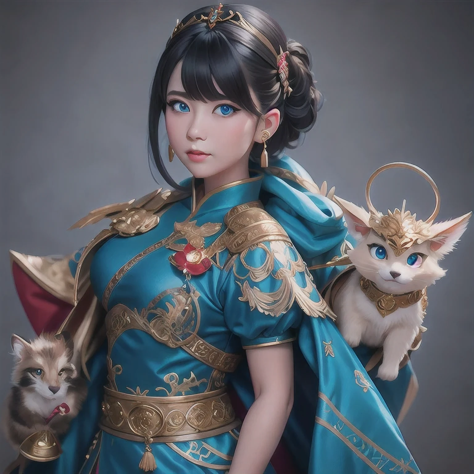 there is a 18 years old in a purple dress holding a dragon, wlop and ross tran, ross tran 8 k, fantasy art style, chengwei pan on artstation, a beautiful fantasy empress, ross tran and wlop, ruan jia and artgerm, the dragon girl portrait, ig model | artgerm, artgerm and ruan jia，beautiful 1girl bangs blue eyes closed mouth ear piercing earrings grey background hair ornament jewelry lips looking at viewer military military uniform nose piercing portrait realistic short hair simple background solo upper body