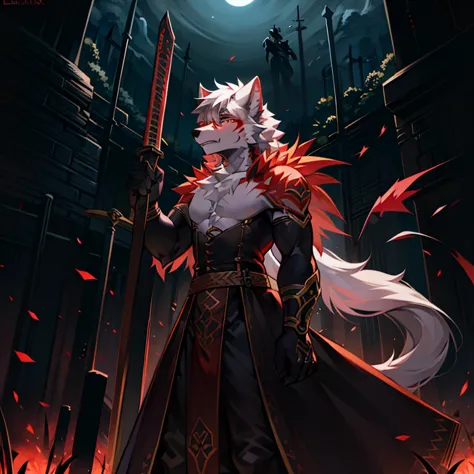 peludo, A white wolf in the middle of a chameleon battlefield., Fight with your sword on the battlefield at night......... Black...
