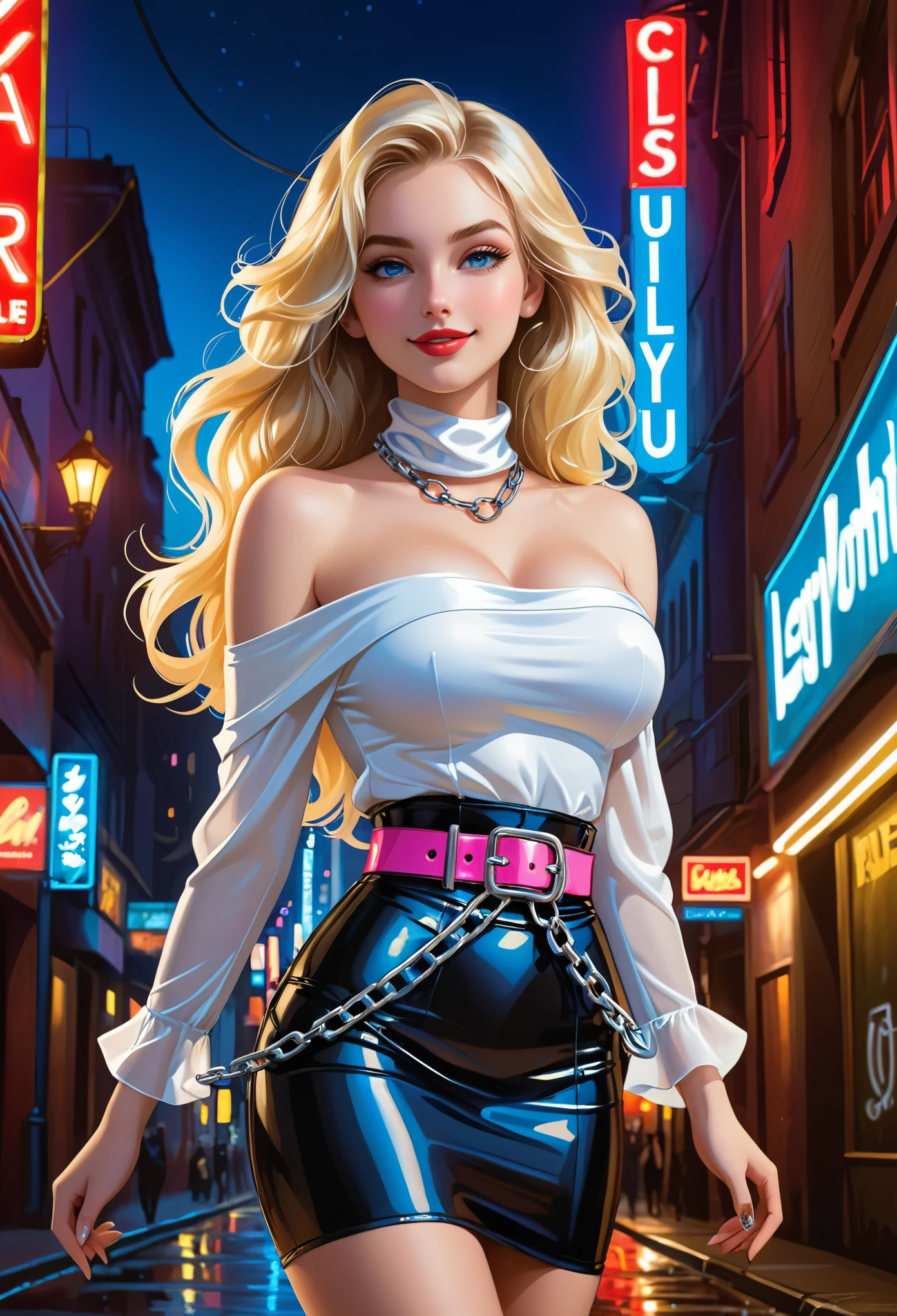 A girl with long wavy blonde hair , ((one girl)), (blonde) , blue eyes , light smile, gorgeous face , 18 years old , (slim figure , large breast) , chain belt, high waist latex pencil skirt, latex arm-sleeves, ((waist belts)), ((hip belts)), white silk scarf, white smooth silk off-shoulder blouse, slender, city at night , Neon lights , surrealism, lascivious, sexy, sultry look, inviting expression