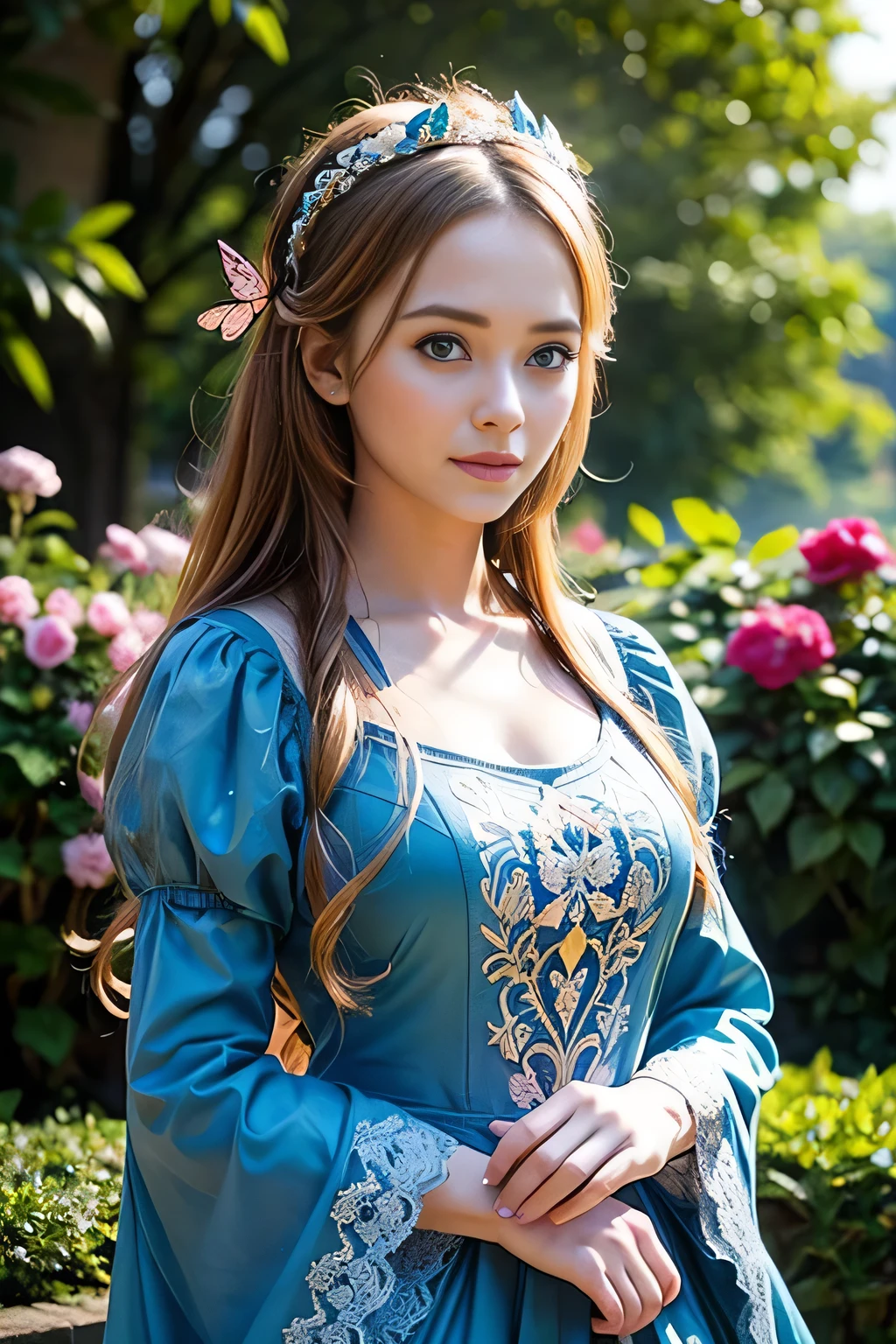 1girl, masterpiece, best quality, 8k, detailed skin texture, detailed cloth texture, beautiful detailed face, intricate details, ultra detailed, Alice in Wonderland, (a bow on her head:1.1), blonde hair, big blue eyes, long eyelashes, cute smile, ornate dress, standing in a lush garden, colorful flowers, butterfly, sunlight, warm color palette, dramatic lighting, cinematic, photorealistic