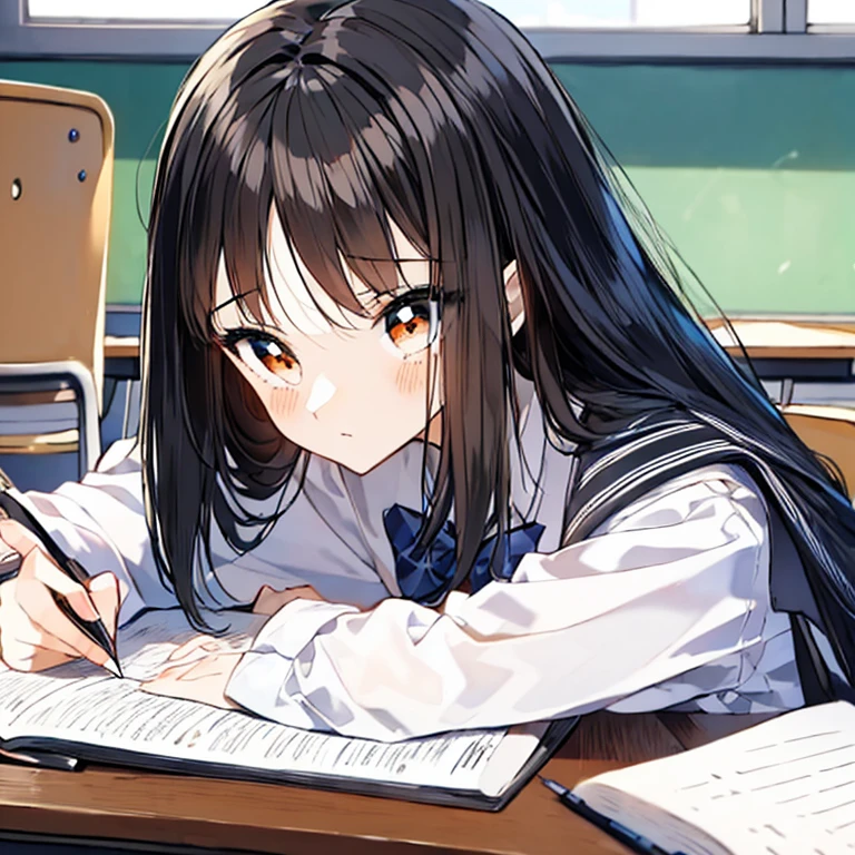 (masterpiece, best quality:1.2), 1 anime girl with long black hair ,school,(exam:1.3),classroom,study,perfect face, huge class, having a pencil, writing, taking a note 