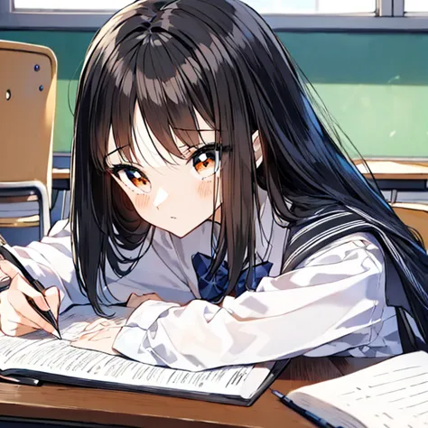 (masterpiece, best quality:1.2), 1 anime girl with long black hair ,school,(exam:1.3),classroom,study,perfect face, huge class, ...