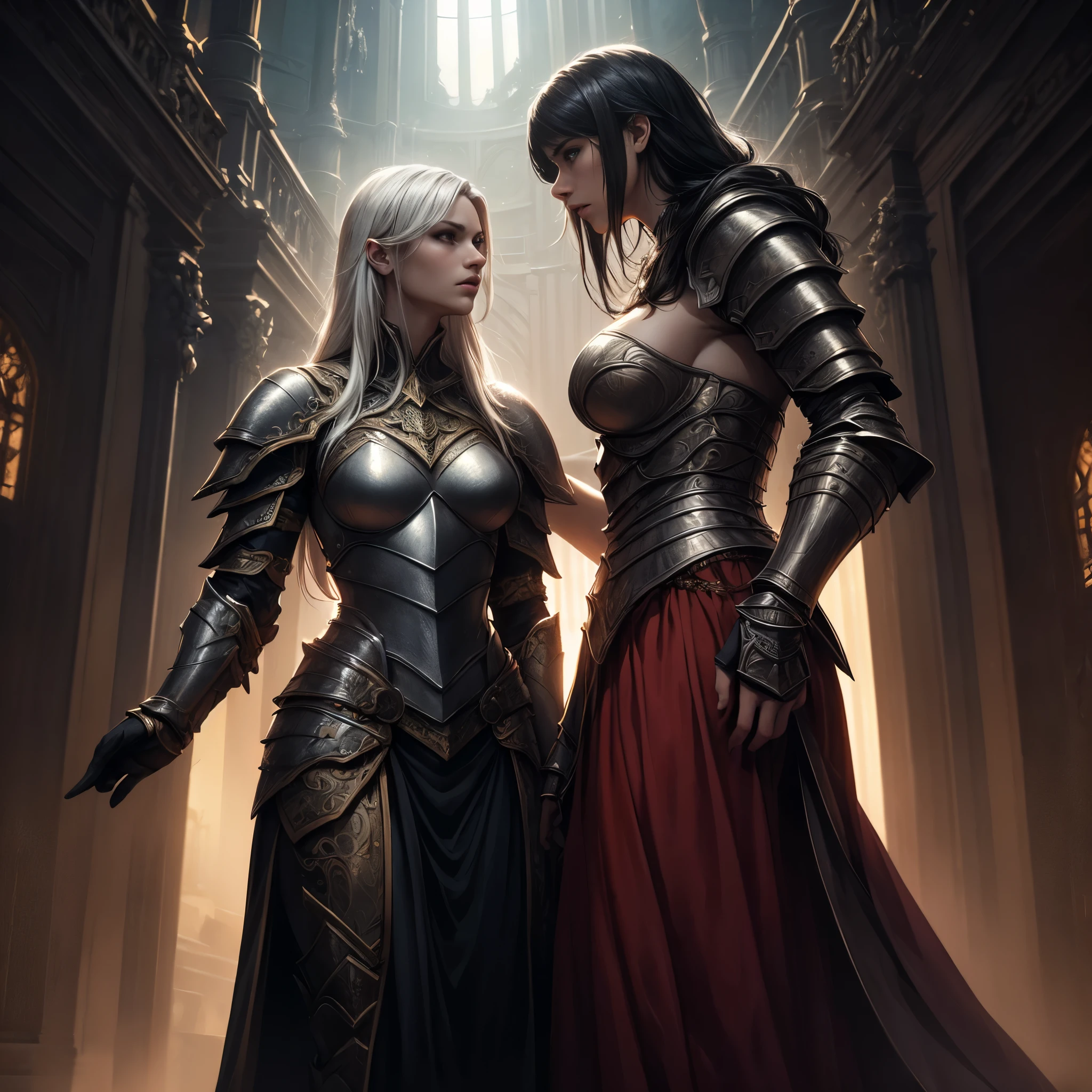 2 tall and sexy women in Amazon style, wearing long royal dresses, parts of armor, ((black hair, white hair)), intricate details, dramatic lighting, fantasy, high quality, 8k, detailed, photorealistic, hyper detailed, masterpiece, cinematic, dramatic, epic scale, dramatic shadows, warm color tones