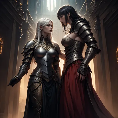 2 tall and sexy women in Amazon style, wearing long royal dresses, parts of armor, ((black hair, white hair)), intricate details...
