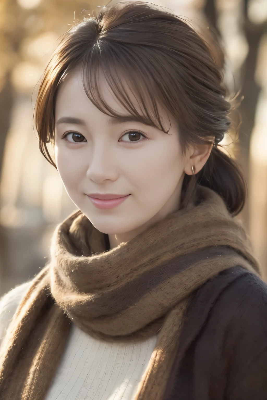 1woman, mature ,solo, close up, slender,((sweater and scarf)), soft smiling, (best quality,8k,highres,masterpiece:1.3), ultra-detailed, (realistic,photorealistic,photo-realistic:1.37), portrait, cinematic, warm lighting, medium format, golden hour, dramatic shadows, vibrant colors,((hair up)),