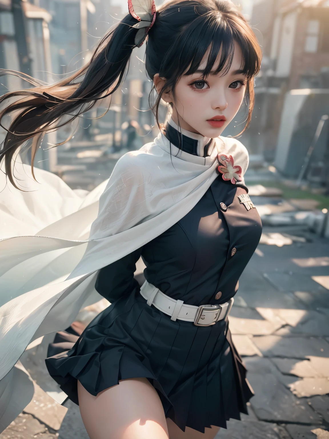 (RAW Photos, highest quality), (Realistic, Photorealistic Truth: 1.3), highest quality, Very detailed, masterpiece, Ultra-detailed, figure, One girl, kanao tsuyuri, ((Bangs Patsun,Side ponytail)),(( Demon Slayer uniform:1.4)), Butterfly Hair Ornament,,( white belt), (Cape, white Cape),, (Black jacket), (Pleated skirt), belt, (Black Skirt), knees, buckle, Sheathed, belt buckle, (Black Shirt:1.0),, Swinging a Sword, upper_body, Dynamic Angle, World Mastery Theatre, long hair flying, Fluorescent Centred, Dynamic fire background, highest quality, Highly detailed CG integrated 8K wallpaper, ink, wonderful, Cinema Lighting, lens_Flare, wuxia_style,(((Straight Bangs))),