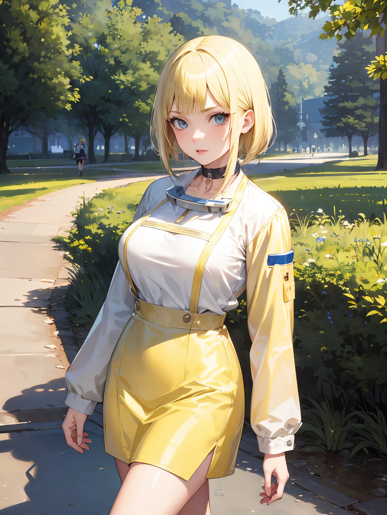 1 adult woman,astronaut uniform,1woman,samui, choker, ((Blonde hair:1.5)),Looking at viewer,Walk, In the park, ultra detail, ultra HD