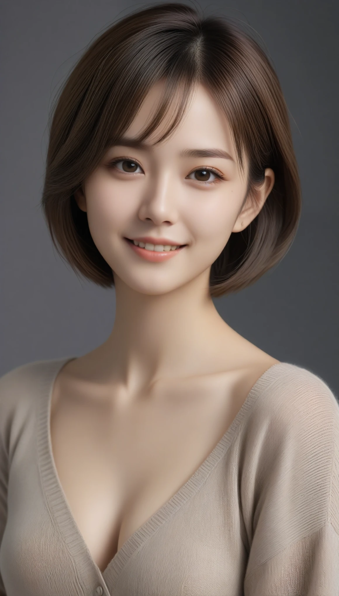 (masterpiece:1.3), (8k, Photorealistic, RAW Photos, Best image quality: 1.5), Japanese 、(Random hairstyle:1.2)、Cleavage:1.2、Super detailed face、Pay attention to the details、double eyelid、Chest to chest、Sharp focus:1.2、Beautiful woman:1.4、Light brown hair、highest quality、masterpiece、Ultra-high resolution、(Photorealistic:1.4)、Highly detailed and professionally lit smile、Loose, lightweight knitwear、Shoulders out、thin、Serious expression、short hair、Deadly position
