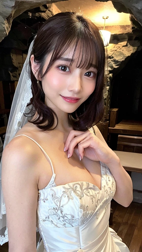 (best quality, 8k, 32k, masterpiece, UHD:1.2), (RAW photo), (realistic), (photorealistic:1.2), (high resolution), huge filesize, ultra-detailed, extremely beautiful face & eyes, 1girl, japanese elementary cute girl,14yo, 13yo, 12yo, round small face, thin waist, large breasts, slim proportions, thin thighs, (Wedding dress,wedding veil,cave:1.35), nice hands, perfect hands, accurate hand depiction, perfect thumb & fingers, sweaty, shy smile, pure white teeth, from below,(Sky after rain、A big cave with high waves:1.35),(Droopy eyes, Natural Makeup、Ultra-high definition beauty face:1.25)、(Ultra high resolution perfect beautiful teeth, Mid-chest, Tight waist, smile:1.15)、Ultra HD Shining Eyes、Super high quality glossy lip