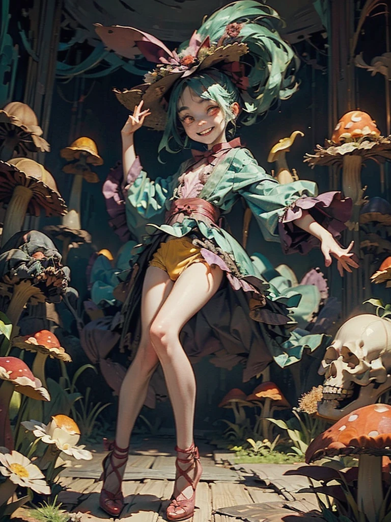 Gruesome and spooky details、Cute Smile、Mysterious atmosphere、Alice in Wonderland、Enthusiastic atmosphere、Mischievous Smile、Expressive gestures、Comical movement、Psychedelic Mushroom Background
