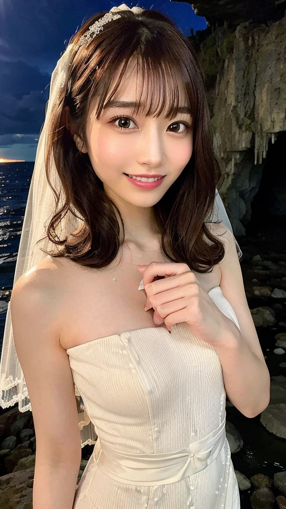 (best quality, 8k, 32k, masterpiece, UHD:1.2), (RAW photo), (realistic), (photorealistic:1.2), (high resolution), huge filesize, ultra-detailed, extremely beautiful face & eyes, 1girl, japanese elementary cute girl,14yo, 13yo, 12yo, round small face, thin waist, large breasts, slim proportions, thin thighs, (Wedding dress,wedding veil,standing on the cave in the sea:1.35), nice hands, perfect hands, accurate hand depiction, perfect thumb & fingers, sweaty, shy smile, pure white teeth, from below,(Sky after rain、A big cave with high waves:1.35),(Droopy eyes, Natural Makeup、Ultra-high definition beauty face:1.25)、(Ultra high resolution perfect beautiful teeth, Mid-chest, Tight waist, smile:1.15)、Ultra HD Shining Eyes、Super high quality glossy lip